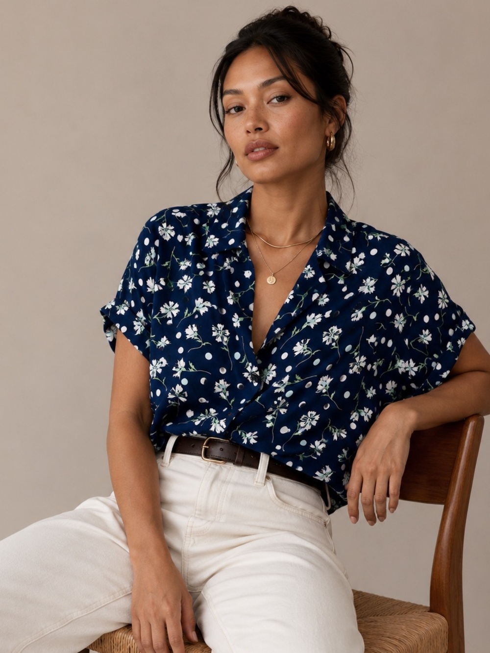 BP Oversized Navy Floral Short Sleeve Button Down Blouse XS